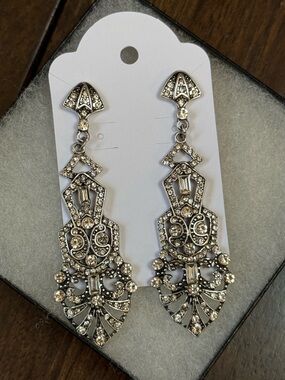 Vintage Silver Crystal Drop Earrings - Clear Rhinestones